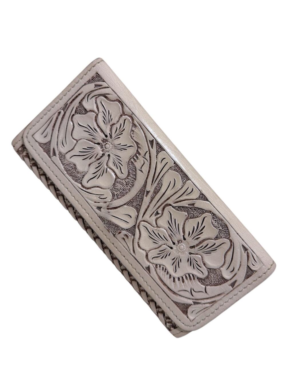 Adam Alexis Tooled Leather Tri-Fold Wallet Floral Western Ivory Artisan Snap